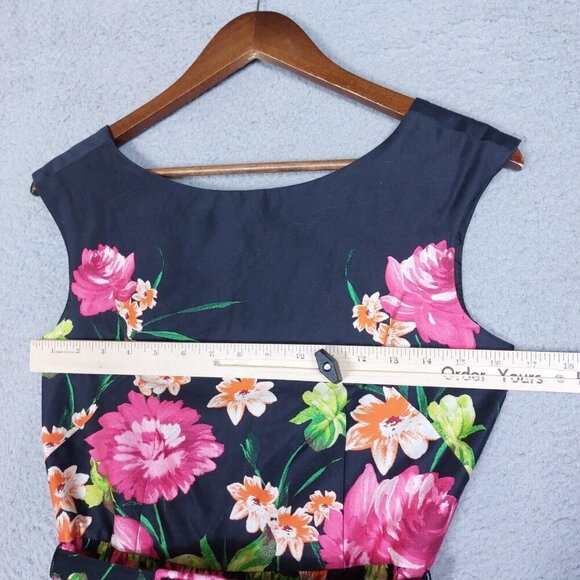 Eliza J Dress Women's 2 Black Rose Print Belted Boat Neck Sleeveless Party - Picture 6 of 16